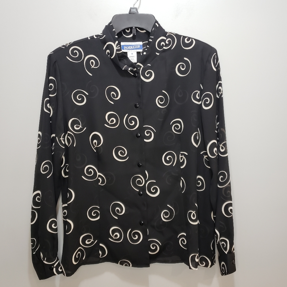 Pendleton Vintage 80's Black Sheer Printed Button Down Blouse Shirt 14P